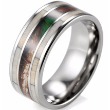 (New With Tag) White Titanium Pipe Cut Flat Ring With Deer Antler &amp; Camo - Price - £63.94 GBP