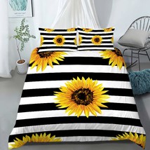 Sunflower Bedding Set Full Size, Black And White Striped Flower Duvet Cover Set, - £58.18 GBP