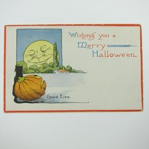 Vintage Halloween Postcard Jack-O-Lantern Pumpkin Greets Smiling Face Full Moon - £31.31 GBP