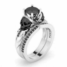 2.80Ct Round Black Diamond Skull Engagement Wedding Ring Set 14K White Gold Over - £159.23 GBP