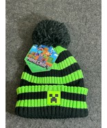 MINECRAFT Green &amp; Black Unisex Striped Beanie Knit Hat with Pom One Size... - $130.03 MXN