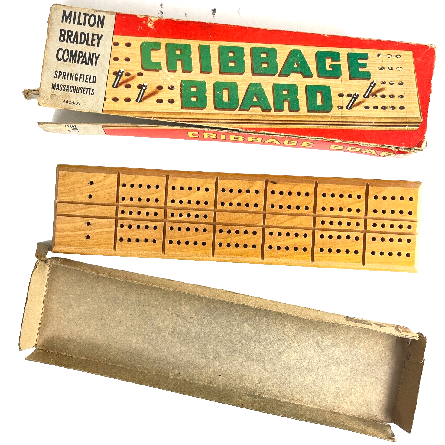 Cribbage Board Vtg Milton Bradley Co 4626-A Springfield Mass Metal Pegs + Box - $17.30