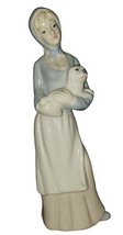 Glazed Ceramic Girl with Puppy Dog Figurine Muted Blue Unbranded 7&quot; - $14.79