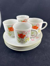 Vintage Set of Four 1970s Retro Kitsch Floral Cups and Plates with Cup Holder - £29.72 GBP