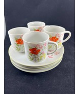 Vintage Set of Four 1970s Retro Kitsch Floral Cups and Plates with Cup H... - £29.88 GBP