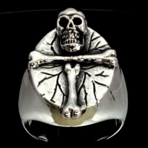 Sterling silver Skull ring Crucified Skeleton on Cross of Bones RIP high polishe - £80.19 GBP