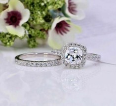Halo Bridal Wedding Ring Set 2.70Ct Cushion Cut Diamond 14K White Gold Size 6.5 - £227.98 GBP