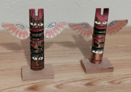 Vintage Wood Totem Pole Souvenir Qualla Reservation Cherokee Set - $17.64