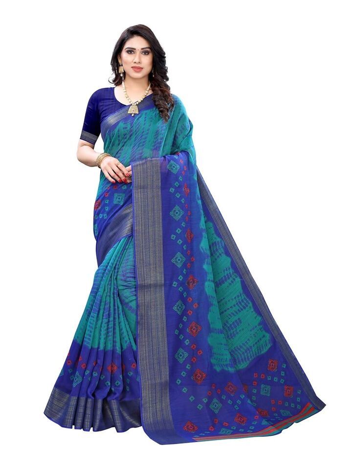 Women's Poly Cotton Printed Zari Border Saree with Blouse