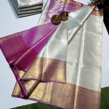 Kanchipuram Silver Tissue Silk Indian Tamil Saree, Zari Border Rich Pallu Weddin - £56.39 GBP