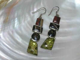 Estate Long Earth Tone Glass Cairn in Nonmagnetic Silver Frame Dangle Earrings  - £12.62 GBP