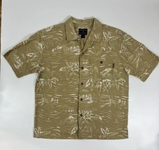 Woolrich Hawaiian Shirt Men&#39;s L Large Palm Trees Khaki Tan Camp Button D... - $19.79