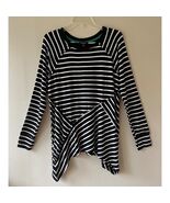 Dressbarn Sz L White Black Striped Stretch Pullover Blouse Asymmetrical Hem - $473.32 MXN