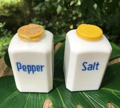 Vintage Salt and Pepper Shakers Blue Magic Advertising Milk Glass lids are rough - £23.48 GBP