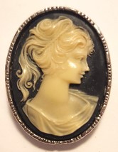 Cameo Brooch Pin Black White Carving Faux Shell Antiqued Setting Vintage 1970s - $19.95