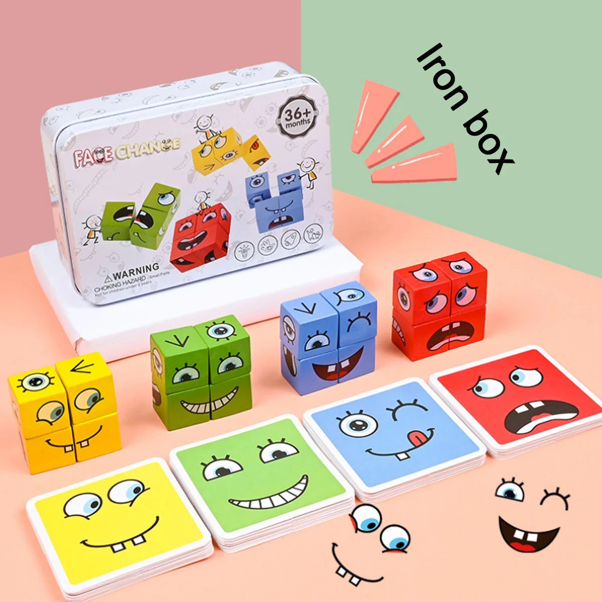 Montessori Face Changing Building Blocks Cartoon Cube Board Game Wooden Puzzle - £13.88 GBP+