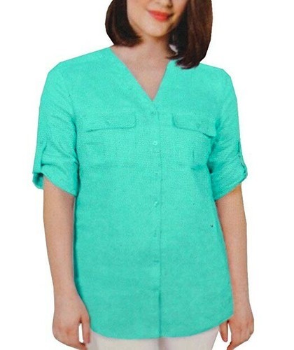 Nicole Miller ~ Women&#39;s Size Small ~ Bermuda Green ~ Linen ~ Button Up Top - $30.00