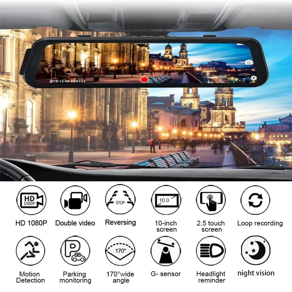24H Dash Cam 10inch Car DVR Rear Camera Full HD 1080P Drive Video Recorder - £56.36 GBP+