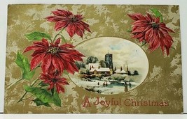 Christmas Pretty Poinsettias, Snowy Ice Skating Scene Gold Embossed Postcard H18 - $6.95