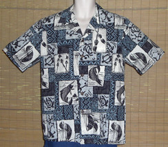 Punahou Apparel Hawaiian Shirt Fish Tiki Torches Turtles Blue White Black Size M - £17.13 GBP
