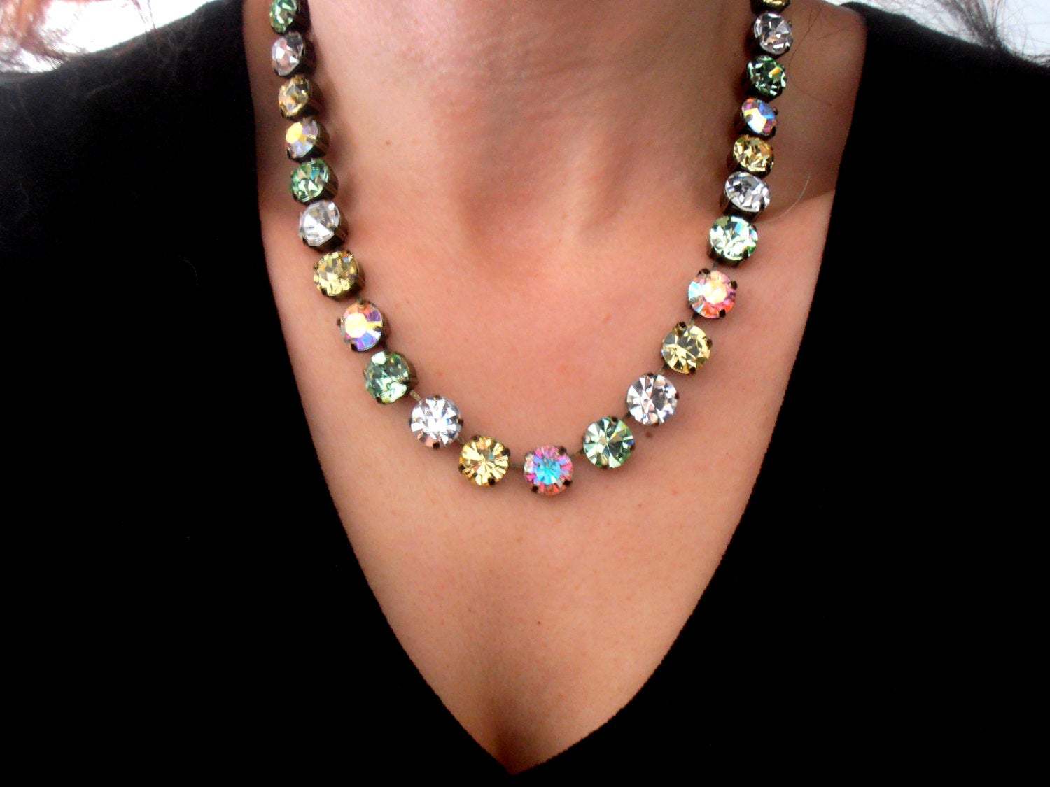 Primary image for Multi-color Austrian Crystal Cup chain Collet Necklace / Antique Bronze Jewelry