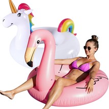 2Pack Flamingo Unicorn Pool Floats - 43&quot; Inflatable Swimming Ring Pool Float, La - £42.81 GBP