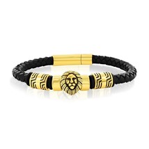 Stainless Steel Oxidized Lion, Genuine Leather Bracelet - Gold Plated - £55.45 GBP