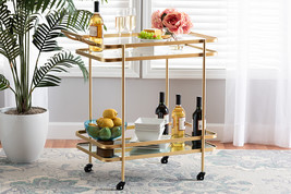 Curtice Brushed Gold Mirrored Glass 2-Tier Mobile Wine Bar Cart - $448.00