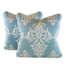 PR 16" Designer Vicki Payne Free Spirit Aqua Modern Damask Scroll Pillow Covers - $58.99