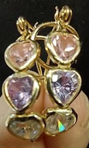 14k Yellow Gold Three Heart Stone (Pink, Lavendar, Clear) Hoop Hinged Earrings - £95.70 GBP