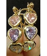 14k Yellow Gold Three Heart Stone (Pink, Lavendar, Clear) Hoop Hinged Ea... - £94.14 GBP