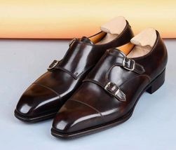 Handmade Men&#39;s Dark Brown Cowhide Leather Double Monk  Chisel Toe Dress Shoes - £103.50 GBP