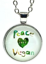 Vegan Pendant Necklace Glass Cabochon Peace Love Vegan Statement Veggy 20&quot; Chain - £3.53 GBP