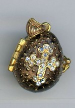 Fake russian egg pendant w crystal transparent/cross, brown, gold band opens - £30.33 GBP