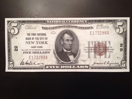 Reproduction $5 National Bank Note 1929 1st National Bank City of New York - $3.99
