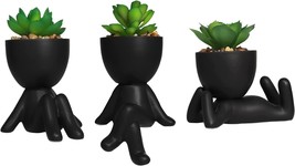 Zerzsy 3 Pcs Cute Artificial Succulent Plants With Creative Human, Matte Black - £31.16 GBP