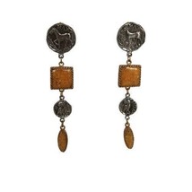 Vintage orange enamel over two tone metal coin &amp; square dangle post earr... - £9.38 GBP