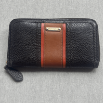 Burberry Womens Pebbled Leather Wallet Black Brown Stripe 7.5&quot;x4&quot; Zip Ar... - $163.61