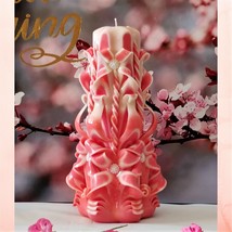 Carved Candles Home Decor Handmade Gift Colourful Art Design Coral Pink Cream - £39.96 GBP