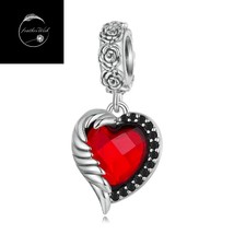 Genuine Sterling Silver 925 Rose Flower Red Love Heart Dangle Pendant Charm Wife - £18.05 GBP