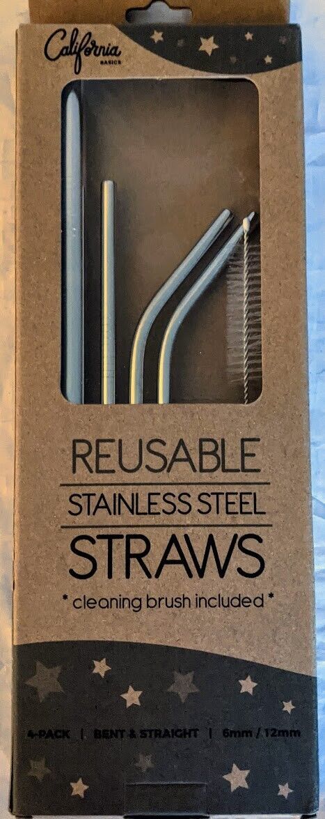 Reusable Straws Stainless Steel California Basics Pack 4 w/ cleaning Brush  - $6.92