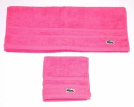 Lacoste Croc Logo 1 Wash Cloth 13&quot;x13&quot; &amp; 1 Guest Terry Towel 18&quot;x 18&quot; Set Pink - £55.71 GBP