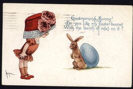 1914 EASTER Good Morning BUNNY Girl wearing BONNET w ROSES * posted mess... - $4.90