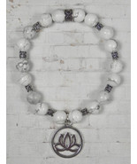 Howlite Tube Spacer White Silver Lotus Charm Stretch Bracelet Handmade 7... - $18.80