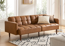 Sofa Futon Sleeper Faux Brown Leather Upholstered Wood Legs Modern Couch - £331.79 GBP