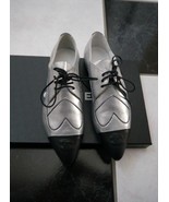 NIB 100% AUTH CHANEL 15B SILVER LEATHER LACE UP OXFORD FLATS $1250 SZ 36 - £709.33 GBP