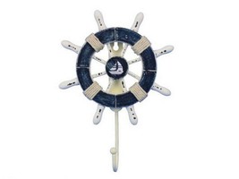 [Pack Of 2] Rustic Dark Blue and White Decorative Ship Wheel With Sailboat and H - £38.41 GBP