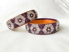 Set of 2 chunky purple rhinestone crystal encrusted bangle bracelet flowers - £12.86 GBP