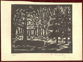 1970s Original signed woodcut Károly Andruskó Trees Landscape Forest Trunk - £53.29 GBP
