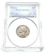 Moneda De 5 Centavos Jefferson 1954-D PCGS MS64FS Pasos Completos Tono R... - $407.71 CAD
